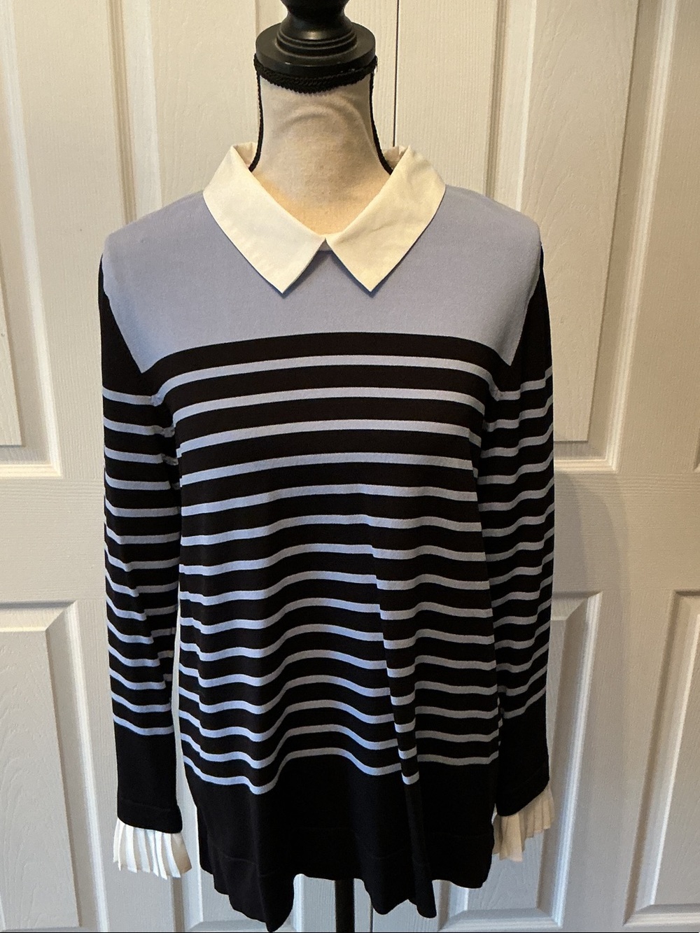 Karl Lagerfeld Dark and Light Blue Striped Crewneck Sweater with White Collar